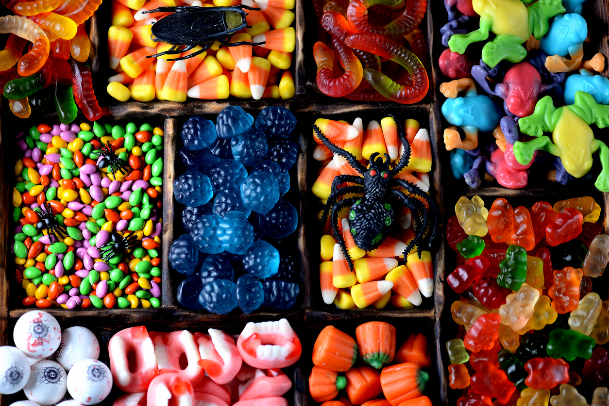 different types of candy, with toy spiders and bugs