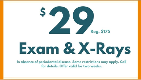 $29 reg. $175, exam & x-rays, in absence of periodontal disease, some restrictions may apply, call for details, offer valid for two weeks