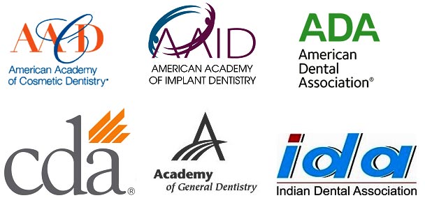 logos American Academy of Cosmetic Dentistry, American Academy of Implant Dentistry, American Dental Association, CDA, Academy of General Dentistry, Indian Dental Association