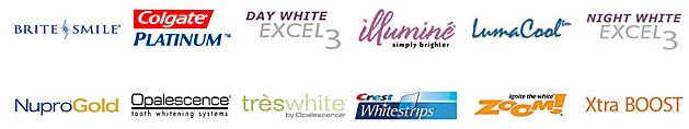 logos for brite smile, colgate platinum, day white excel3, illumine simply brighter, lumacool, night white excel3, nuprogold, olapescence, teswhite, crest whitestrips, zoom, xtra boost